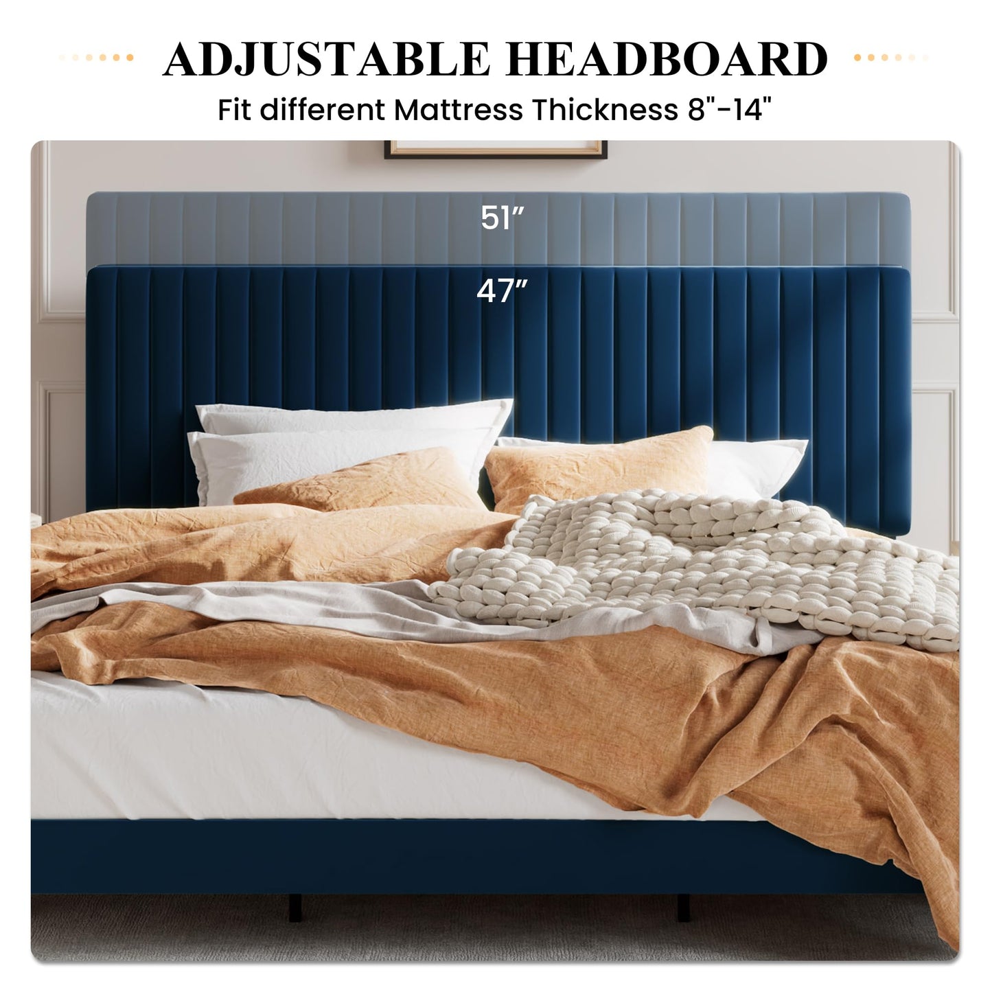 SHA CERLIN King Upholstered Platform Bed Frame with Vertical Channel Tufted Velvet Fabric Adjustable Headboard, Wooden Slats Support, Mattress Foundation, Box Spring Optional, Blue