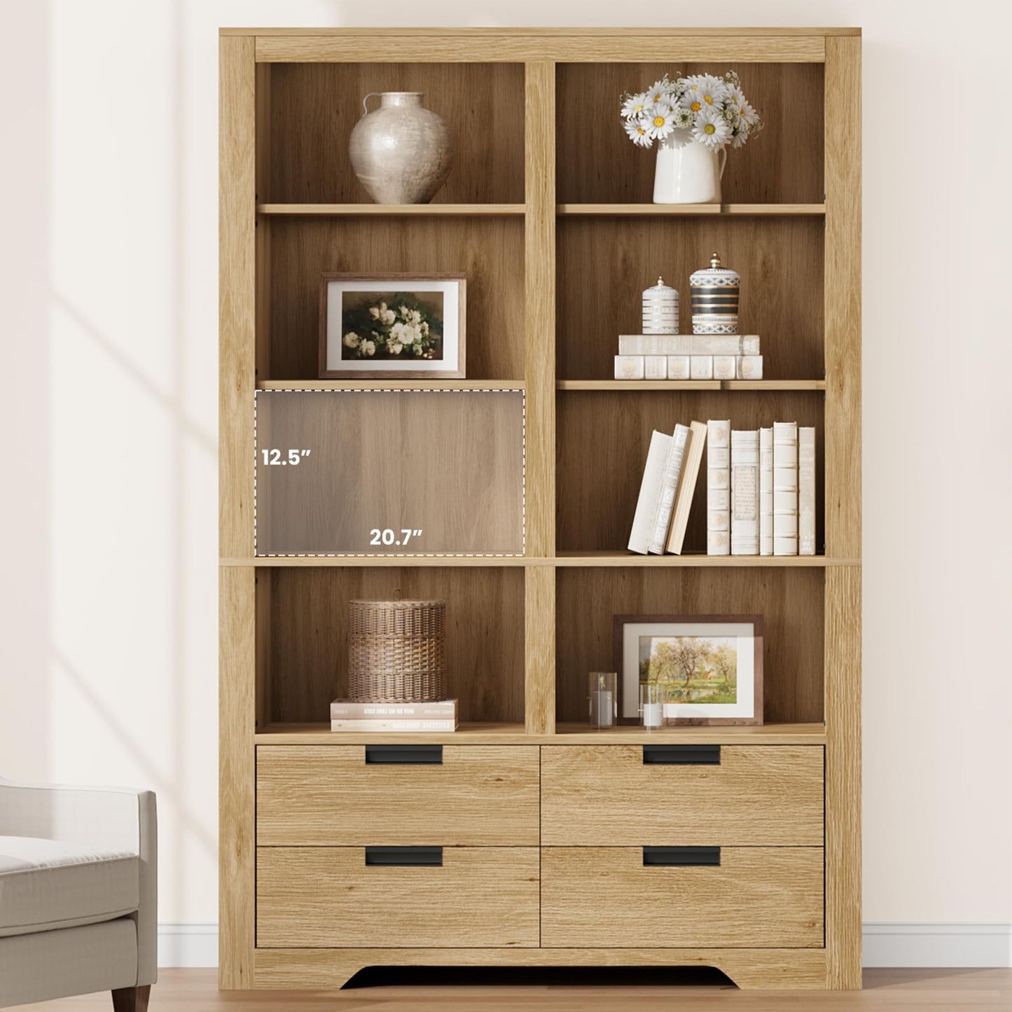 72" Tall Bookshelf with 4 Drawers, Farmhouse 6-Tier Double Wide Bookshelves and Bookcases with Storage, Freestanding Bookshelf Large Open Book Shelf for Home Offices, and Living Rooms
