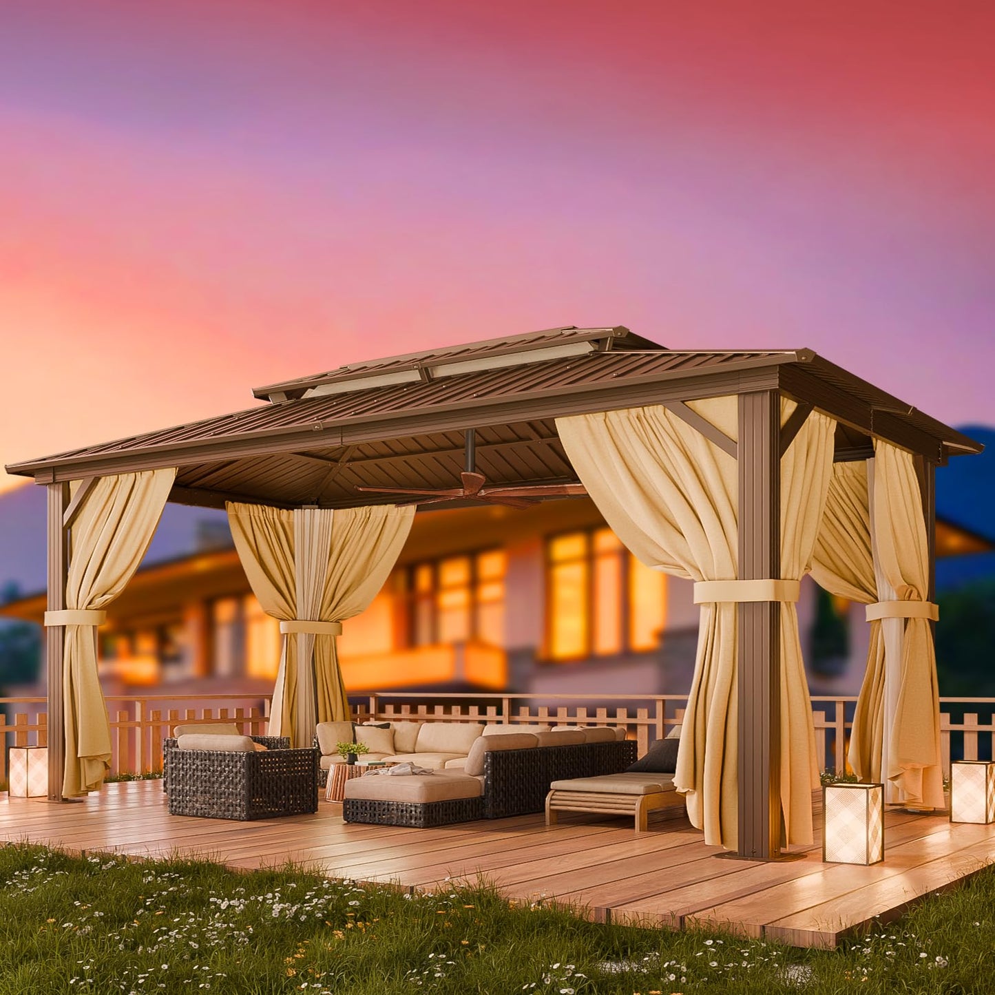 HOTEEL 10x15 Hardtop Gazebo On Clearance with Heavy Duty Galvanized Steel Metal Roof, Patio Hard Top Gazebo with Curtains & Netting,Outdoor Permanent Hot tub Gazebo Pavillon for Backyard,Deck,Brown