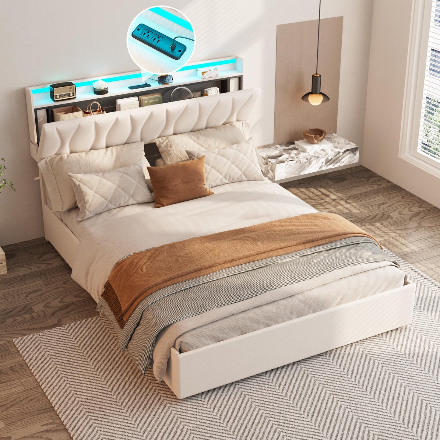 Fameill Queen Size Lift Up Storage Bed Frame with Adjustable Headboard, Charging Station, LED Lights, Wood Slats, Noise-Free, No Box Spring Needed, Beige