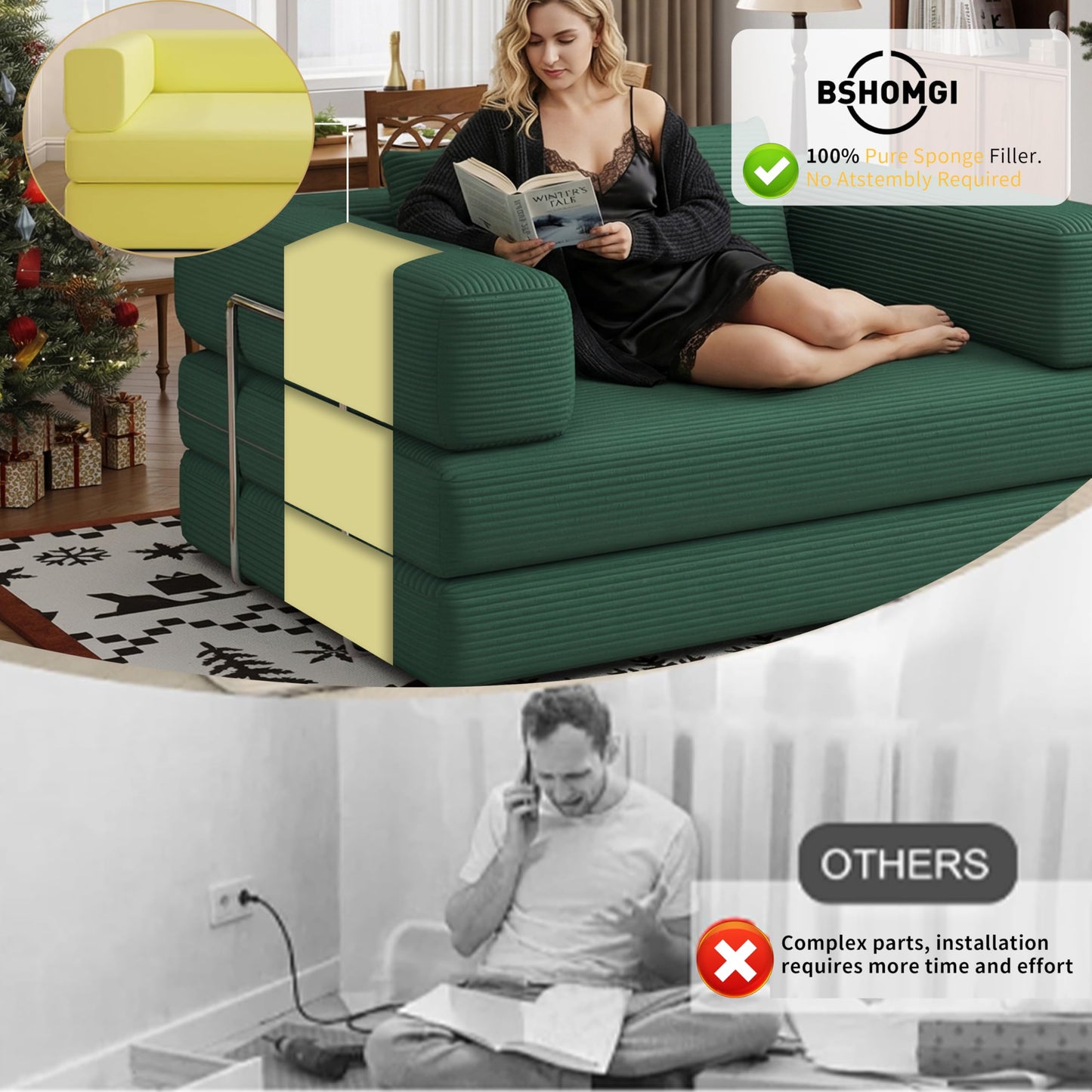 4 in 1 Convertible Sofas Boneless Couches with 2 Pillow, Modern Corduroy Futon Bed, Modular Queen Sofa with Pull-Out Bed, LoveSeat for Living Room, Small Space Apartment (Green, 53.15"Double Sofa)