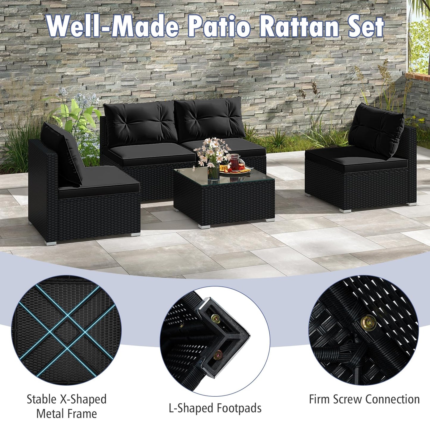 Tangkula 5 Piece Rattan Sofa Set, Outdoor Wicker Furniture Set w/Seat & Back Cushions, Square Coffee Table, Patio Sectional Sofa Set for Backyard, Poolside, Garden (Black)