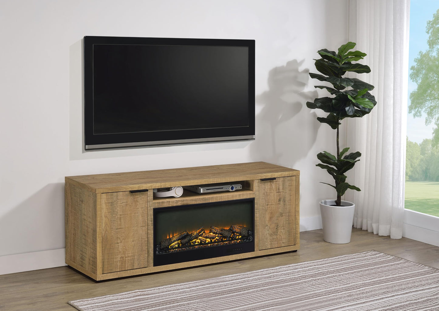 Coaster Home Furnishings - Fuller - Wood - TV Stand Fireplace with Center Flame Box, Open Cubby, Two Adjustable Shelves - Living Room - 60-Inch - Mango - 722852