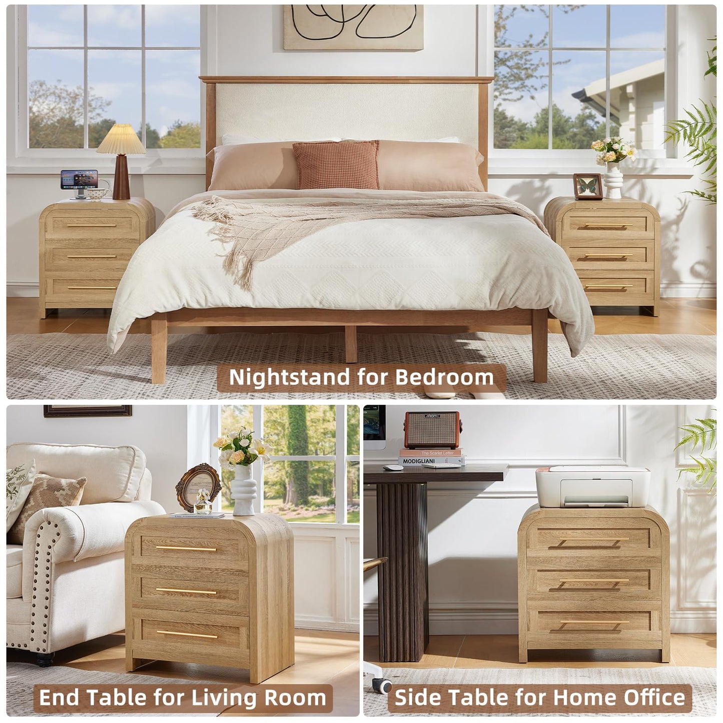 JINVICJIASI Oak Night Stand with Charging Station, Curved Nightstand with Drawers & Metal Handle, 22" Modern Side End Tables, Thick Desktop Bedside Table Storage Cabinet for Bedroom Home