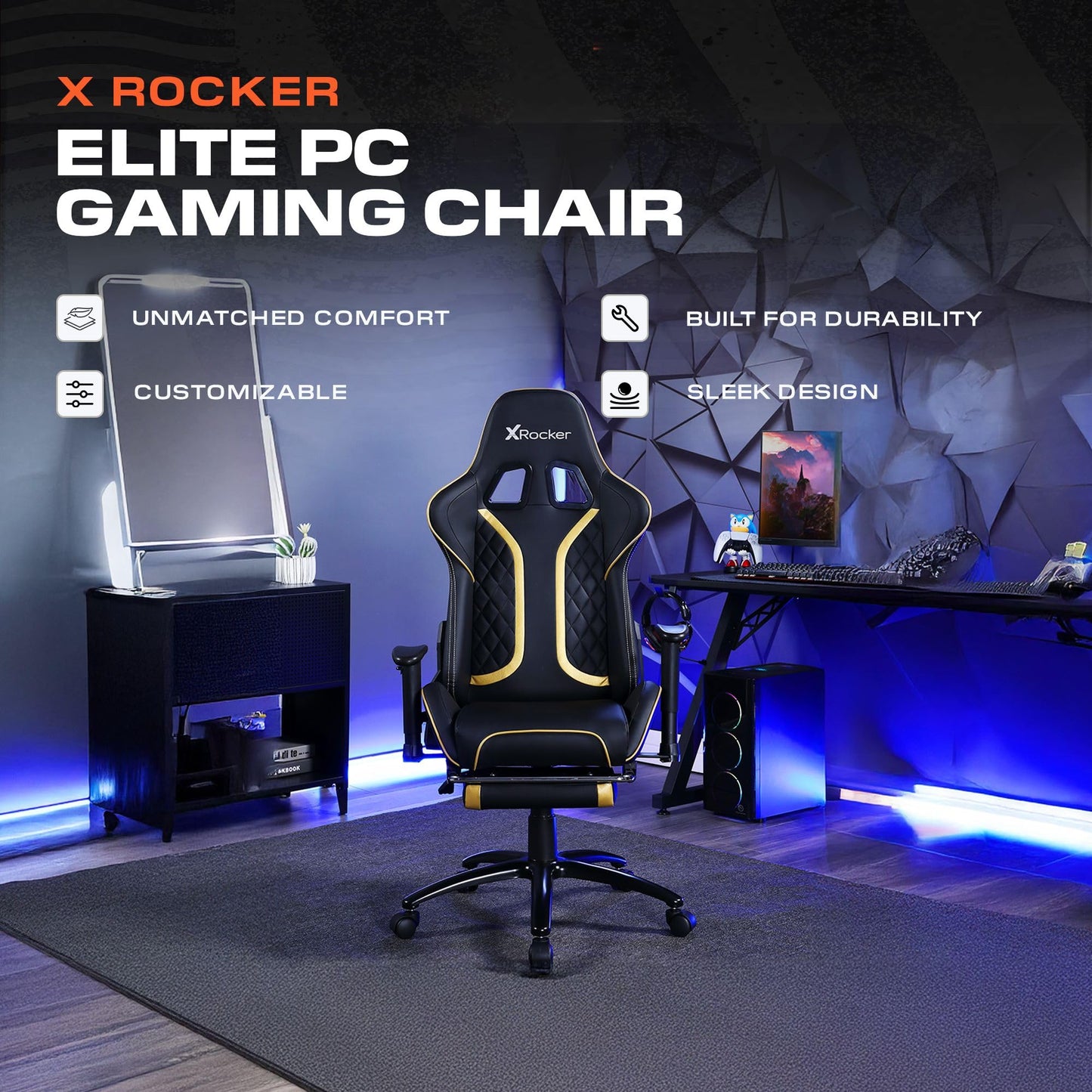 X Rocker Elite PC Video Gaming Chair with Footrest, Adjustable Ergonomic Office Desk Chair for Computer Gamers with Wheels, Vegan Leather, Black & White, Gifts for Gamers