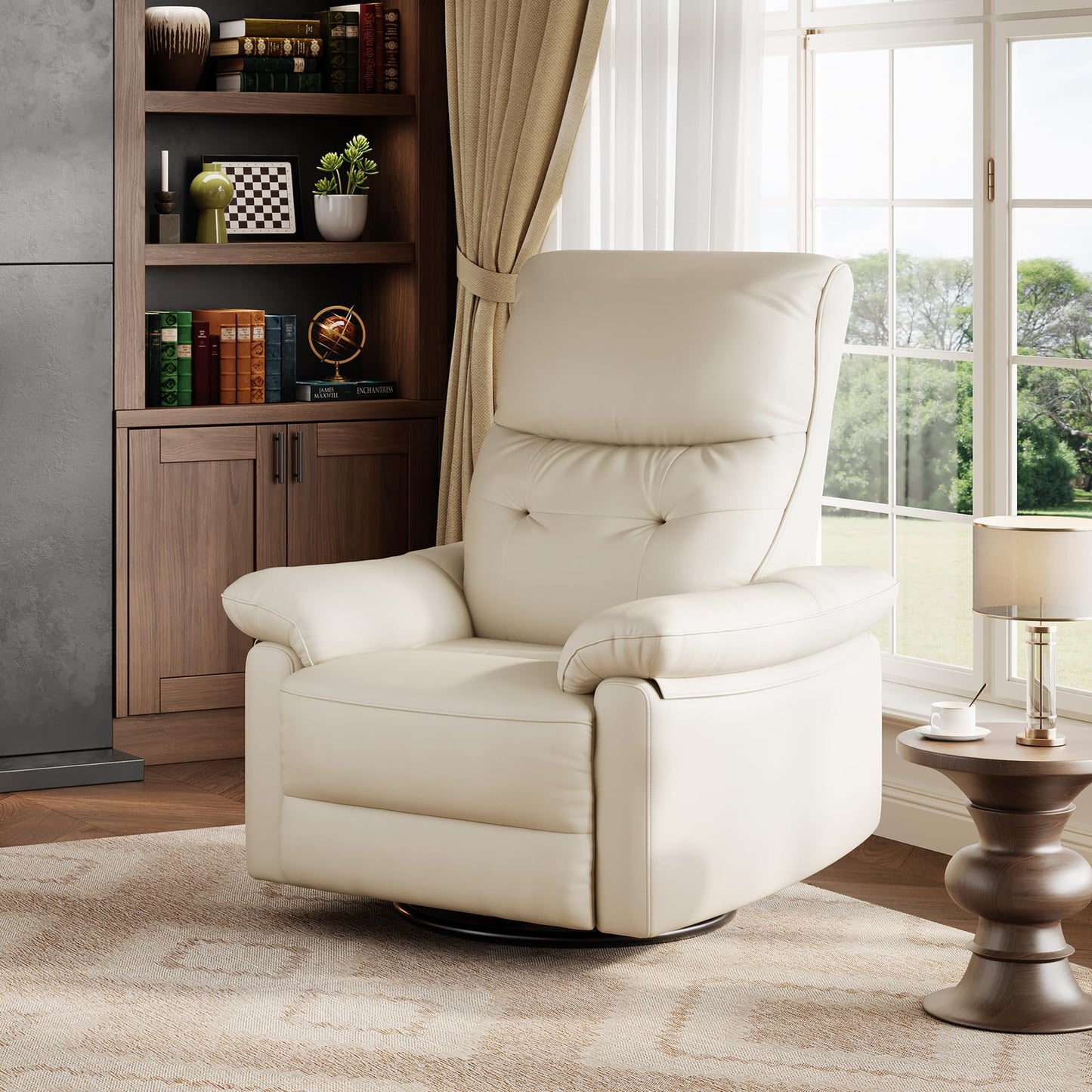 GAOMON Swivel Rocking Recliner Chair, Manual Leather Recliner Glider with Lumbar Support & Padded Armrest, Comfortable Rocker Nursery Single Sofa for Living Room and Bedroom (Off White)
