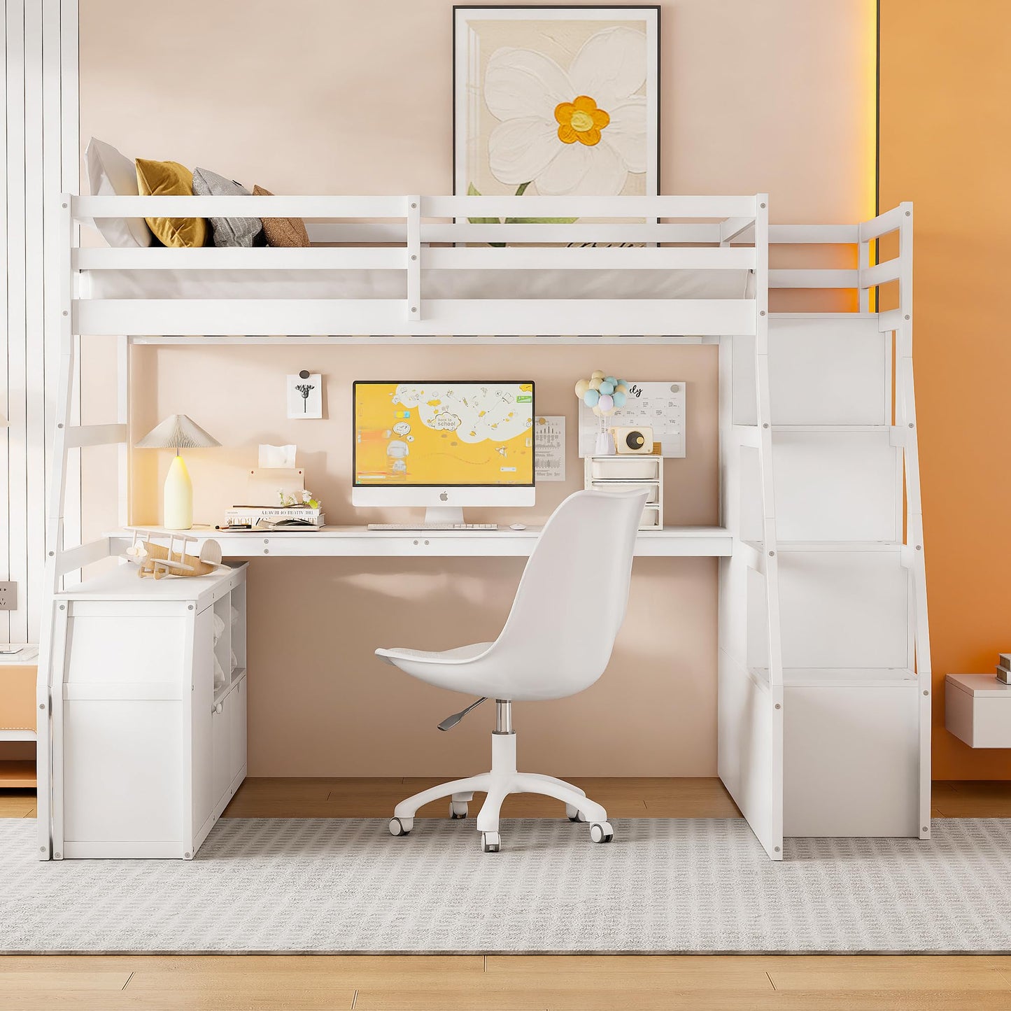Su & Chan Legence Full Size Bed with Pinewood Frame and Desk, Loft Bed with 7 Drawers and 2 Shelves, Natural Wood Grain Look, White