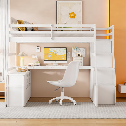 Su & Chan Legence Full Size Bed with Pinewood Frame and Desk, Loft Bed with 7 Drawers and 2 Shelves, Natural Wood Grain Look, White