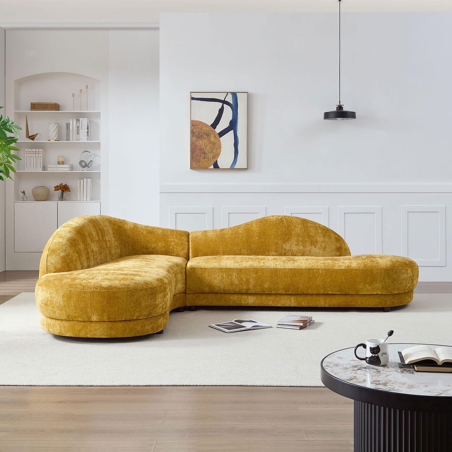KEIKI 114" Luxury Curved Boucle Sectional Sofa with Left Chaise, Upholstered Mid-Century Oversized 5-Seater Couch with Thickened Seat Cushion, No Assembly Required, for Apartment, Living Room, Yellow