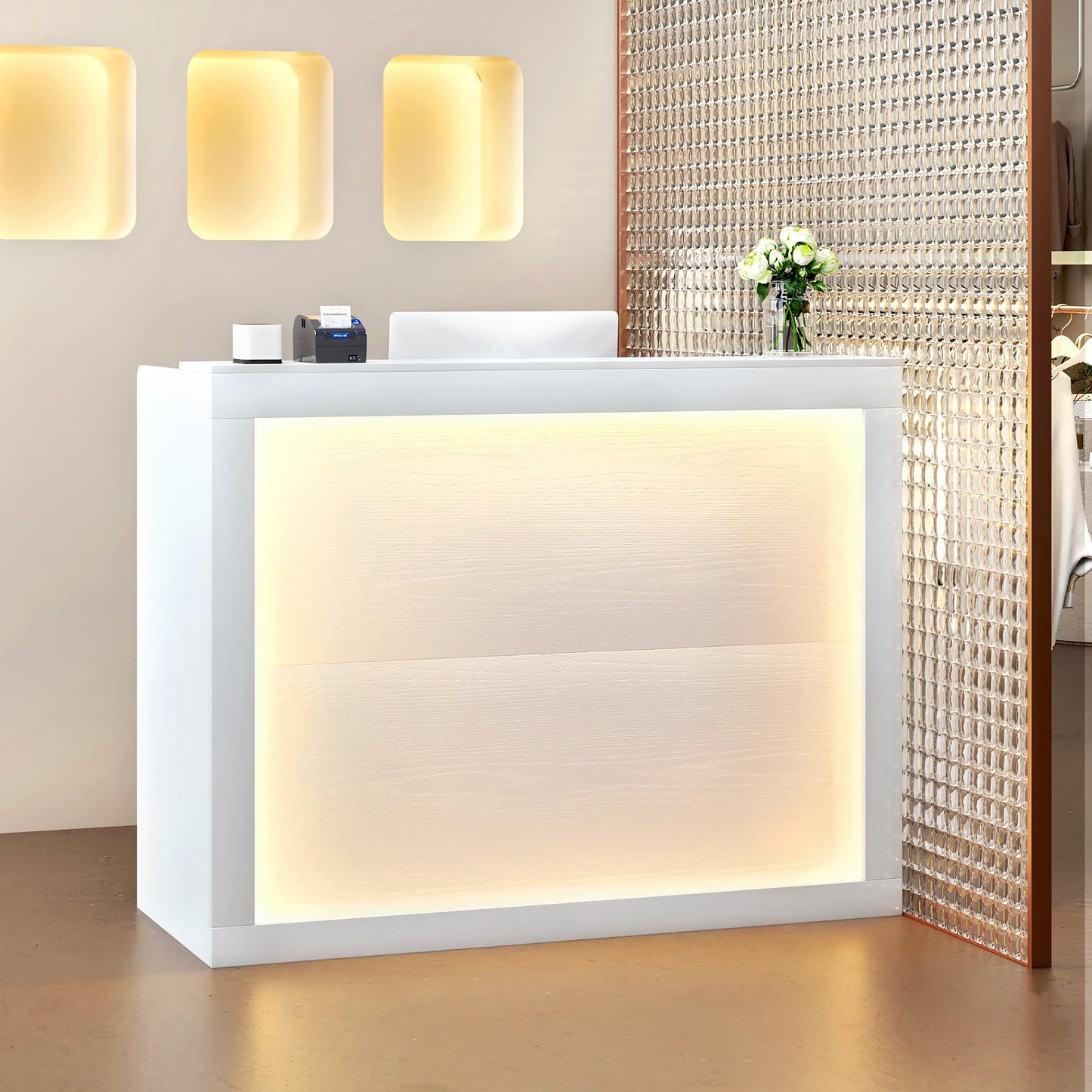 TC-HOMENY Reception Desk with LED Lights, 55'' Retail Counter Modern with Storage Shelves and Cable Grommet, Front Table, Salon Desk, Office Table,White