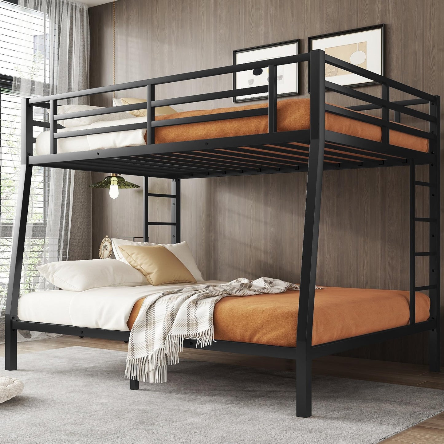 Bellemave Full XL Over Queen Bunk Bed for Adults, Full XL Over Queen Bunk Bed Frame with 2 Ladder and Full Length Guardrail, Easy Assemble, Mattress Not Included, Black