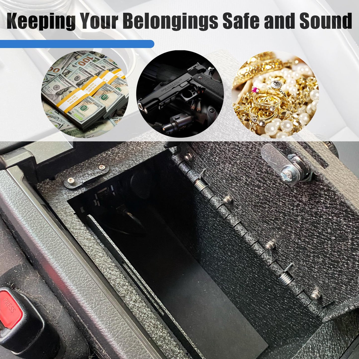 Center Console Gun Safe Vault - WASAI Vehicle Safe Vault Compatible with Toyota RAV4 2026, Anti-Theft High Security Armrest Lock Box with Biometric Fingerprint Lock with Backup Key.