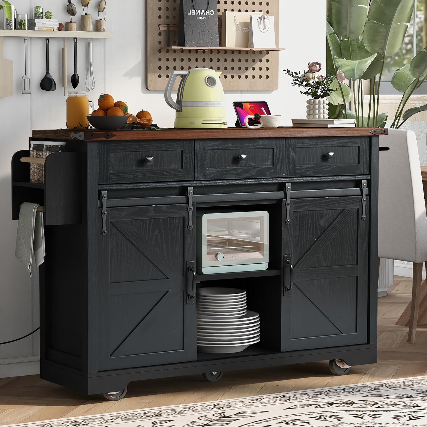 YOPTO Farmhouse Kitchen Island Cart With Power Outlet & 2 Sliding Barn Doors, Rolling Storage Island W/Drop Leaf Spice Rack and 5 Universal Wheels, for Home and Dining Room, Black, 53.7"