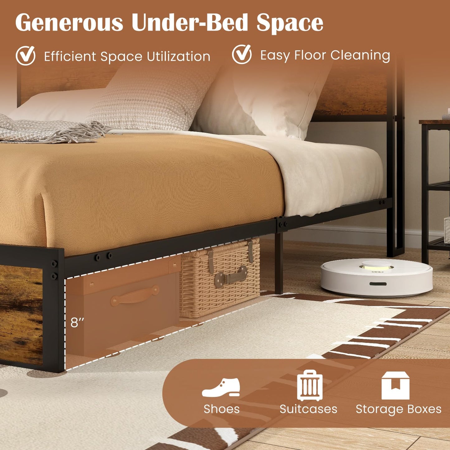 GOFLAME King Size Bed Frame with Storage Headboard, Metal Platform Bed Base with Charging Station & Under Bed Storage, Heavy-Duty Slatted Mattress Foundation, No Box Spring Needed, Rustic Brown