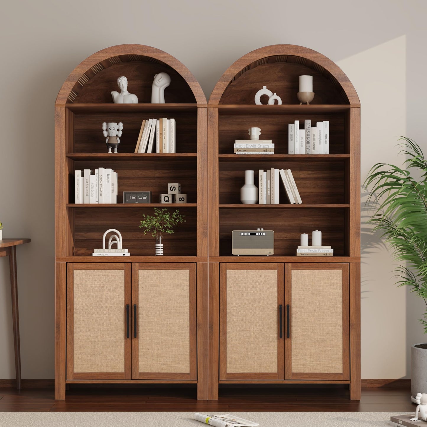 Janmer Home 71" Tall Arched Bookcase with Storage, Mid-Century Modern 6-Tier Cabinet with Door, Arched Bookshelf Cabinet with Open Display Storage Shelf for Office Living Room (Walnut)