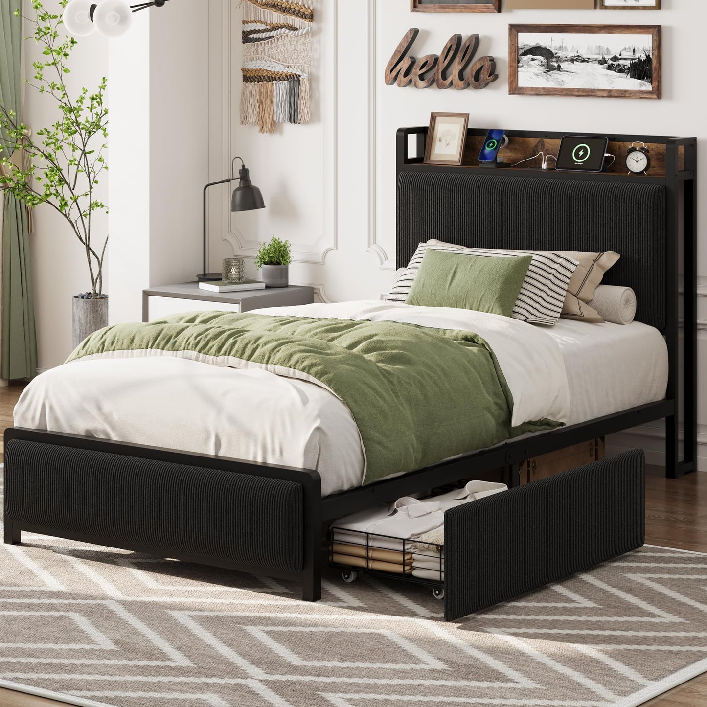 Garvee Twin Size Bed Frame with 2 Storage Drawers and Charging Station, Rustic Linen Upholstered Platform Bedframe with Storage Headboard, No Box Spring Needed, Easy Assembly, Noise Free-Black