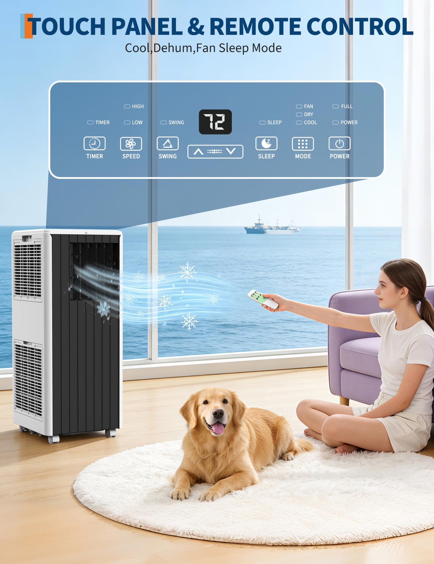 8000 BTU Portable Air Conditioner - 3 in-1 AC Unit Cools 350 Sq. Ft Rooms, Quiet 50 dB Operation w/Touch Control & Remote, Includes Window Kit & 24H Timer, Dehumidifier & Fan Modes for Bedroom, Black