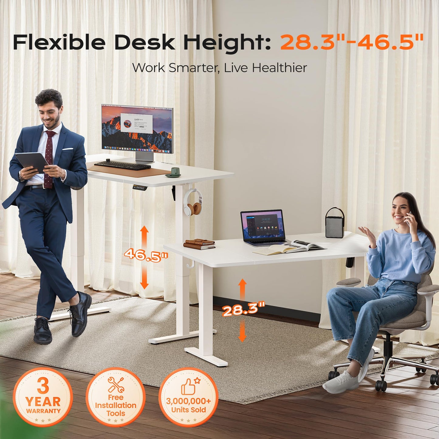 Huuger 55 x 28 Large Electric Standing Desk, Height Adjustable Copmuter Desk, 27.6" Deep Desktop, Stand up Gaming Office Table with 2 Hooks, 3 Preset Heights, for Home Office, White