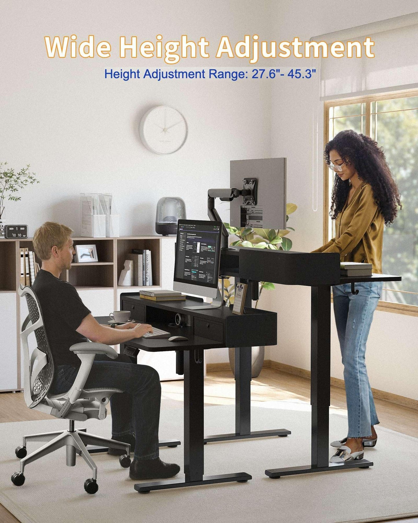 YIHAYO Electric Standing Desk with Drawers, 40 x 24 Inches Adjustable Desk with Storage Shelf, Stand Up Desk with Splice Board, Computer Desk for Home Office, Black Frame/Black Top