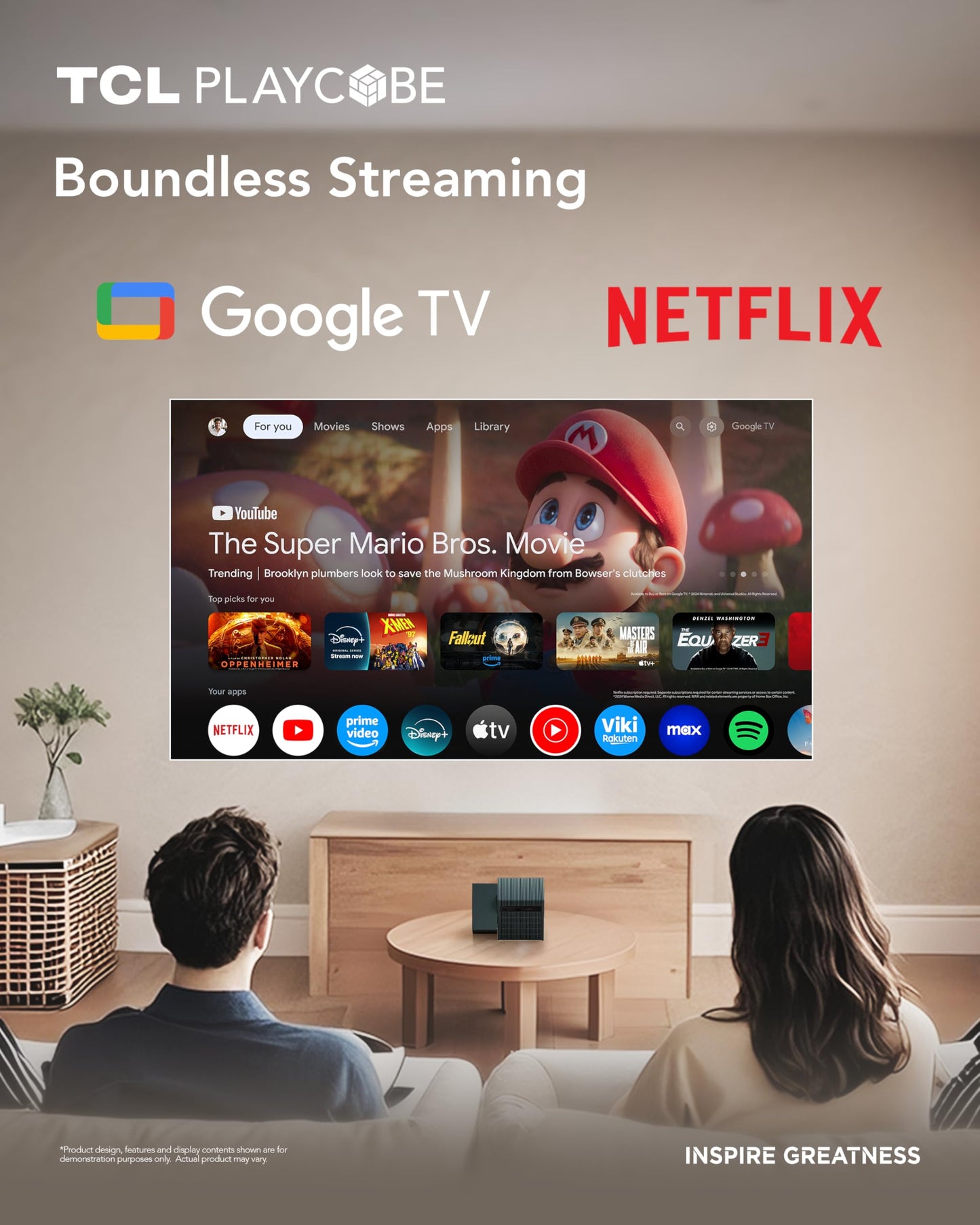 TCL PlayCube 1080P FHD DLP Projector, Portbale Projector Compatible with Google TV & Netflix, 750 ISO Lumens, 4K Supported, Built-in 66Wh Battery, Up to 150'' Screen, Auto Focus & Keystone