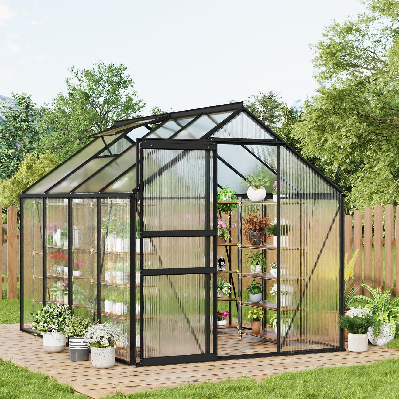 GarveeHome 6x8FT Greenhouse, Large Walk-in Polycarbonate Greenhouse with Adjustable Vent Window, Sliding Door, Portable Green House Kit for Outdoors, Winter