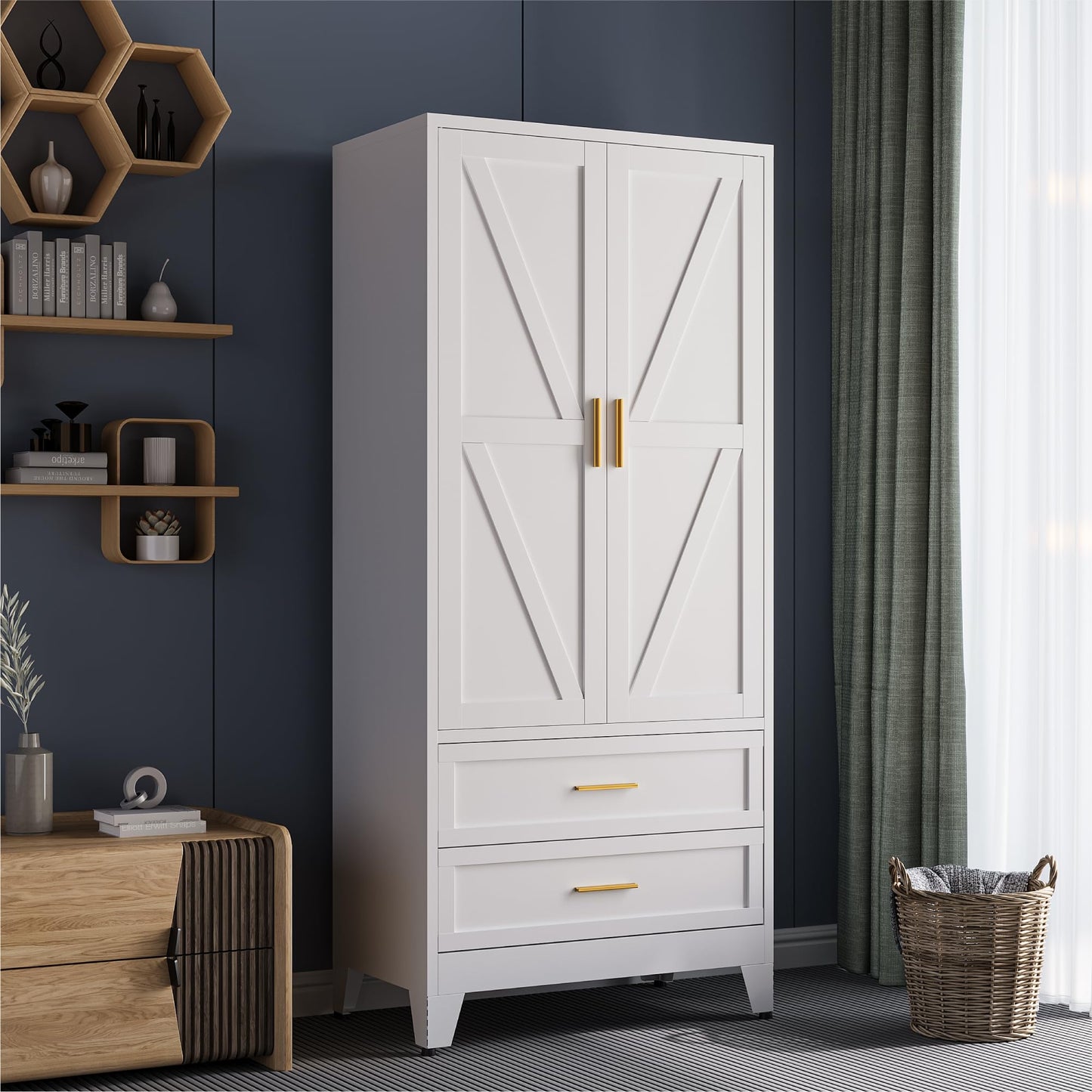 COFaR 71" Metal Wardrobe Closet with 2 Drawers & Hanging Rod, Freestanding Armoire Storage Cabinet with Adjustable Shelf and 2 Doors, White Steel Closet Organizer for Bedroom
