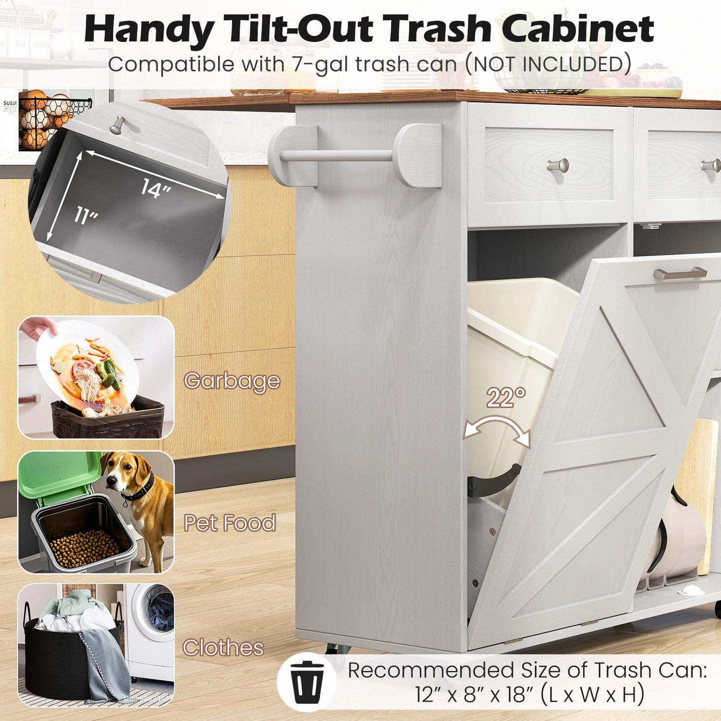 Giantex Kitchen Island Cart with Hidden Tilt Out Trash Can Cabinet, Drop Leaf, 2 Drawers, Towel Rack, Rolling Mobile Breakfast Bar Table, Wood Kitchen Storage Cart on Wheels (Grey & Natural)