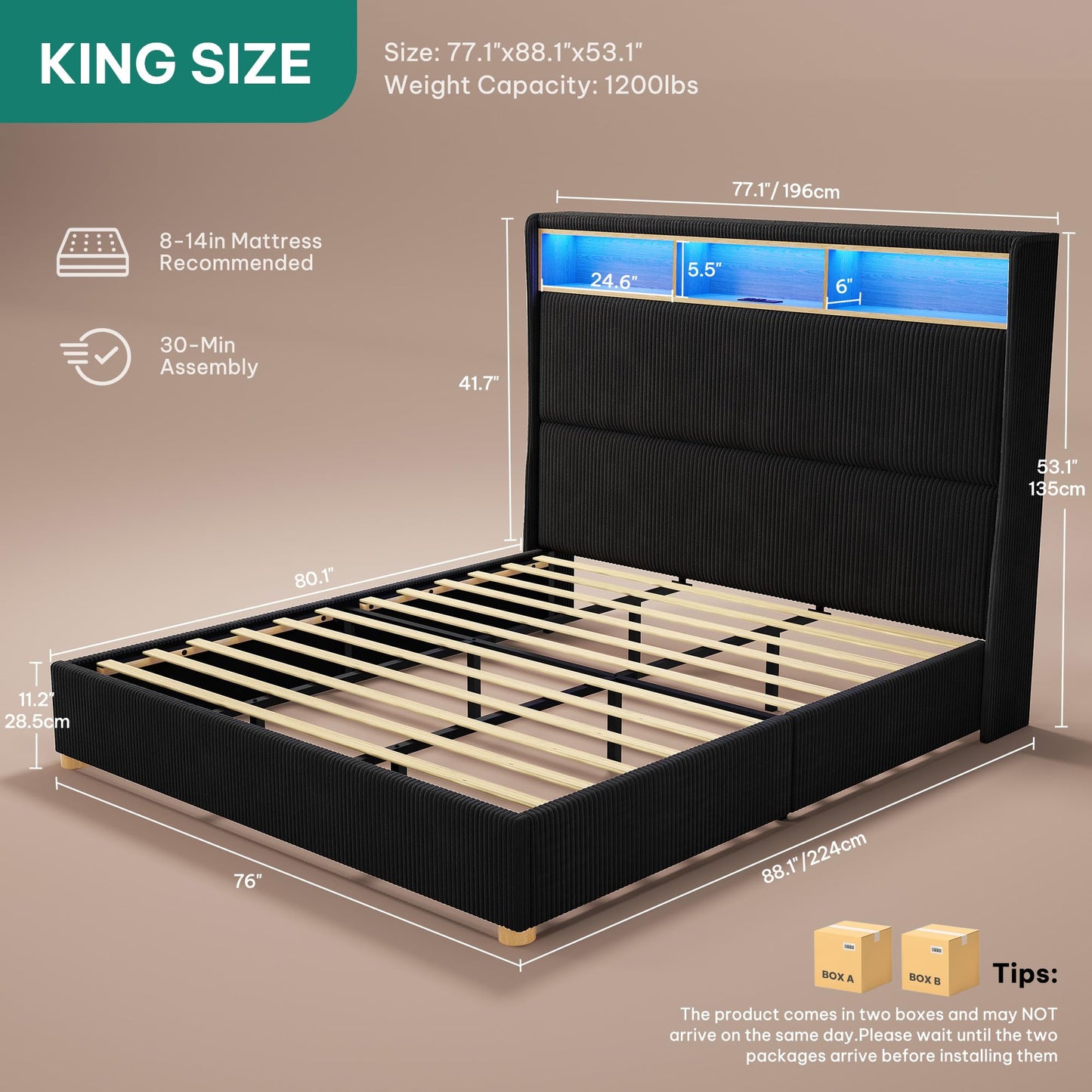 YITAHOME King Size Corduroy Upholstered Platform Bed Frame with Charging Station and RGB LED Lights, 53’’ Tall Storage Wingback Headboard, No Box Spring Needed, Easy Assembly, Noise-Free, Black
