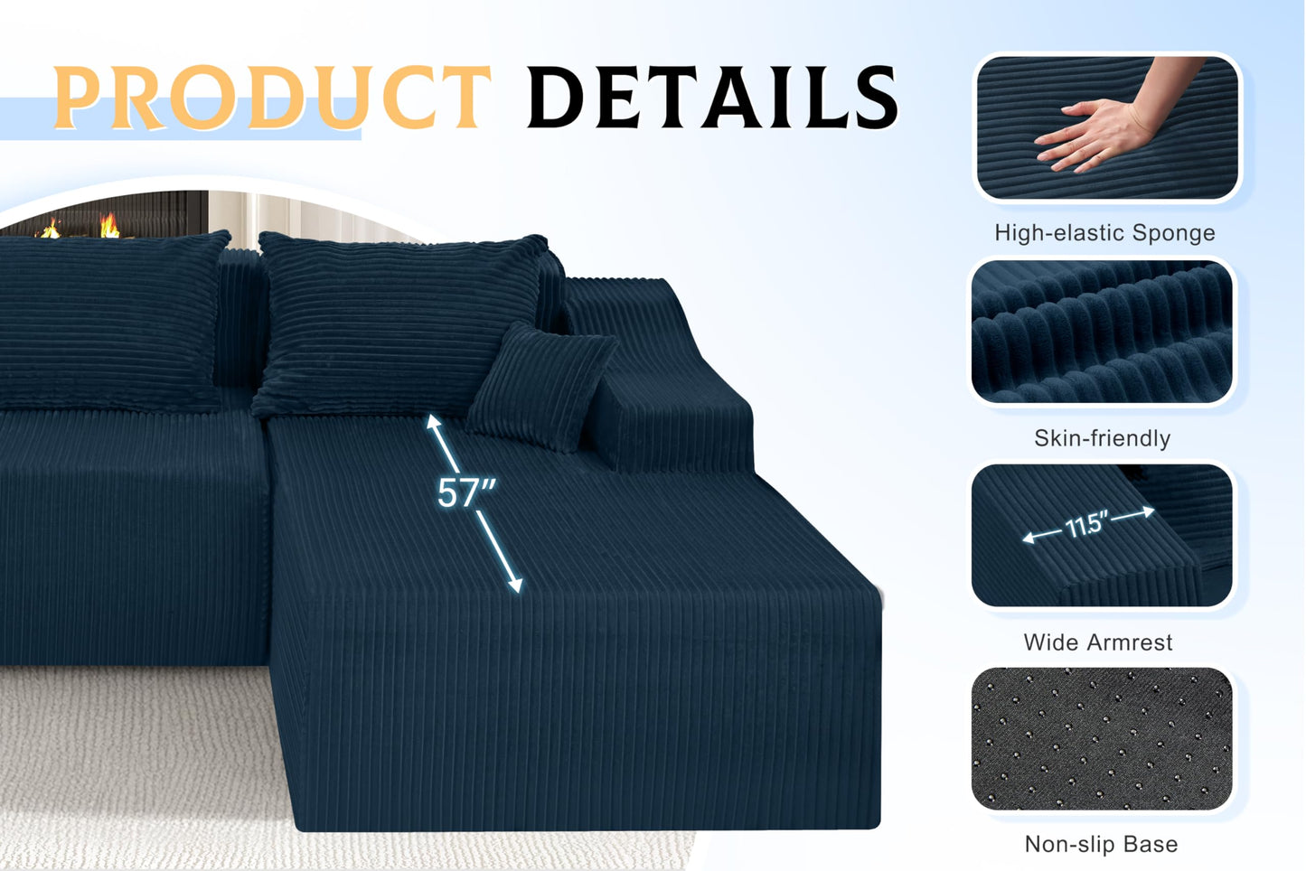 HABUTWAY 105" Modular Sectional Couches for Living Room, Boneless Couch with L-Shape Chaise,Comfy Sofa Living Room Sofas with Deep Seat,No Assembly, Corduroy Fabric(Blue,Right)