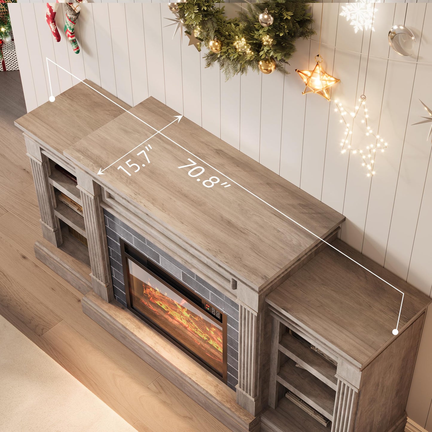 GAOMON 71 Inch Fireplace TV Stand, Wooden Entertainment Center with 23 Inch Electric Fireplace, 3D Realistic Flame, Farmhouse Media Console with Storage Cabinets for Living Room, White+Brow