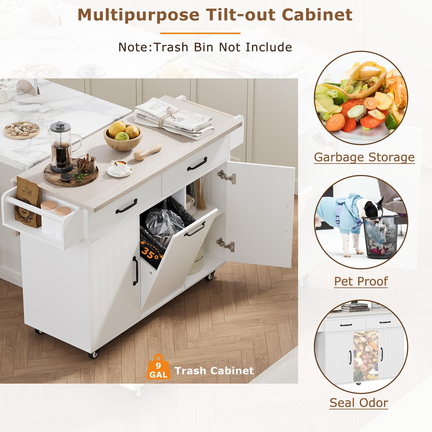 Ball & Cast Kitchen Island with Trash Can Storage Cabinet,Kitchen Cart W/Drop Leaf,Spice Rack,Towel Rack and Drawers,Rolling Kitchen Islands on Wheels W/Adjustable Shelf for Dining Room,White Oak