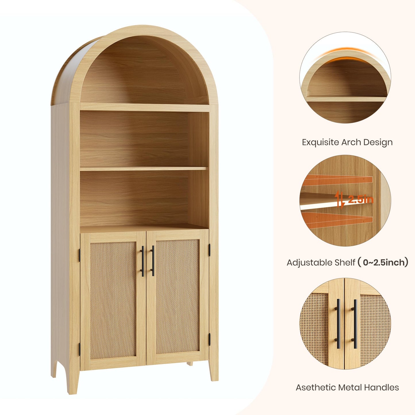 IDEALHOUSE Arched Kitchen Pantry Cabinet with Doors - 5-Tier Open Display Shelf with Rattan Decor, Farmhouse Storage Cabinet for Kitchen, Dining Room, Living Room, Natural