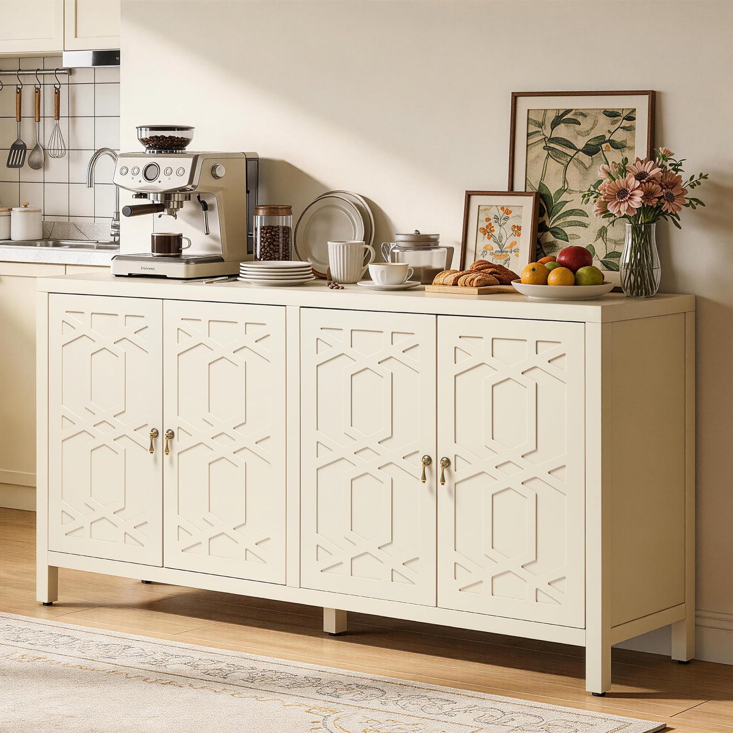 FansaFurn 60'' Buffet Cabinet with 4 Doors, Modern Wood Sideboard with Adjustable Shelves, Painted Coffee Bar Table Credenza Storage Cabinet for Living Room, Dining Room, Beige