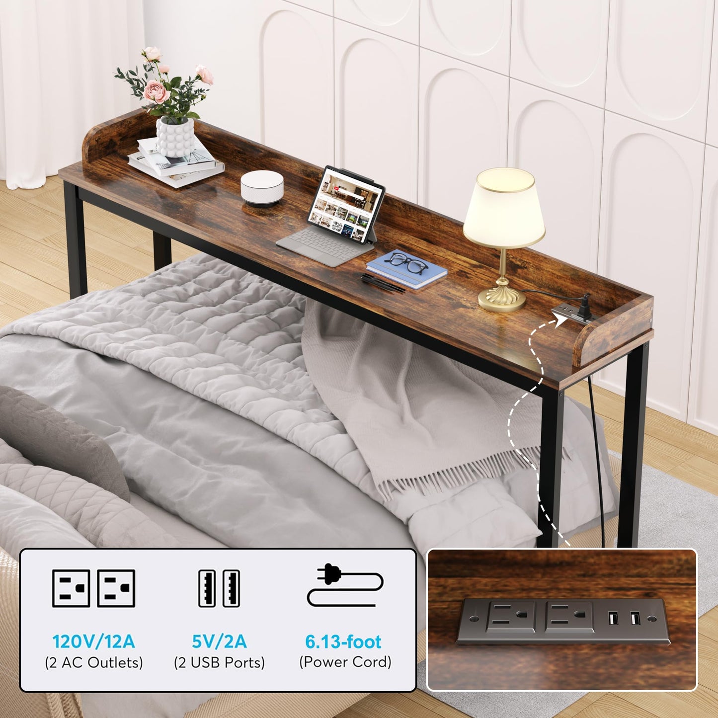 Ytaoka Table Overbed, Walnut, Queen Size, Wheels, Charging Station, 70.8" for Home and Hospital
