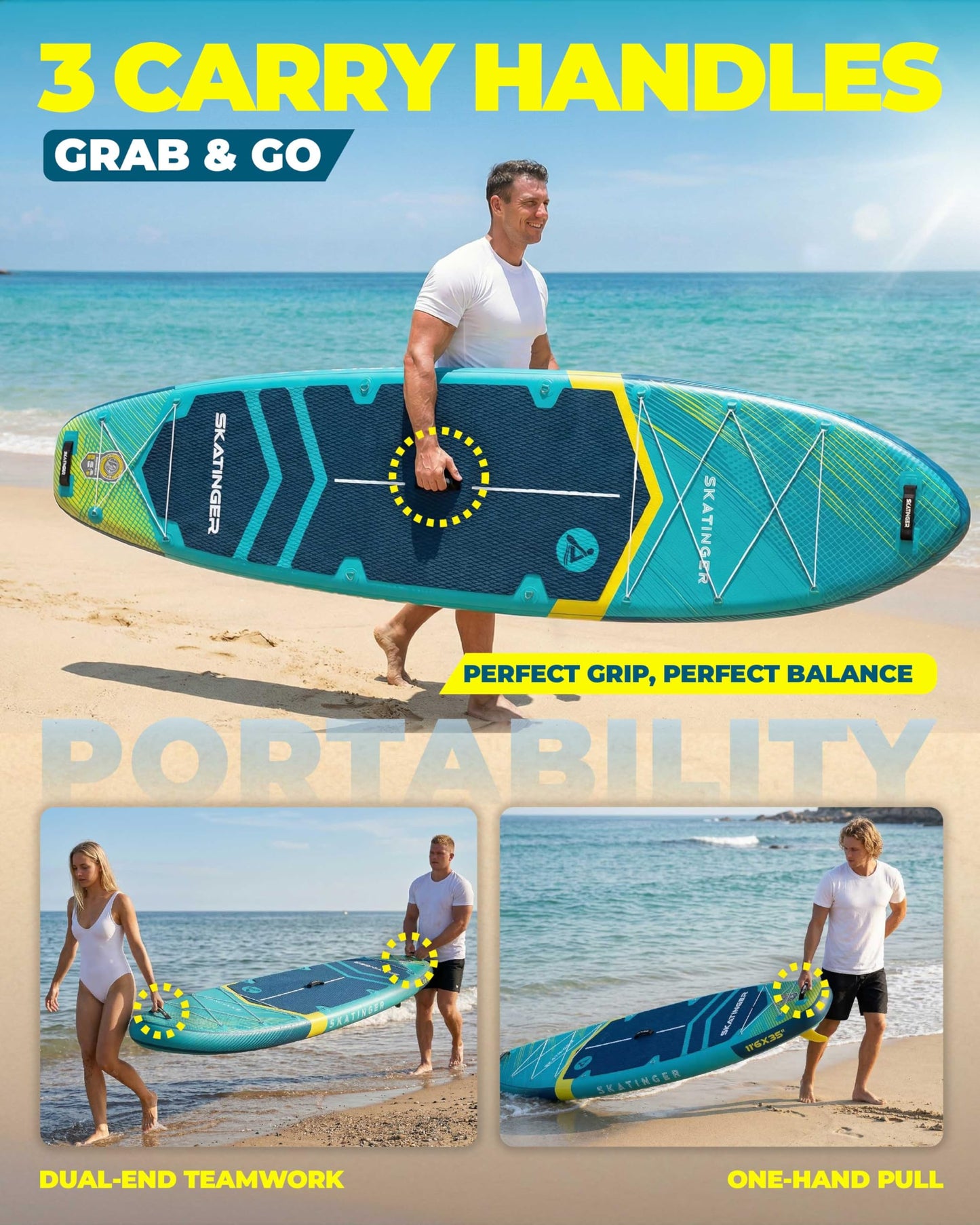 Skatinger 11'6×35" Super Wide Inflatable Paddle Board, Ultra Stable Stand Up Paddleboards for 450lb/3 People/Family/Big Size w/Shoulder Strap, 100L Backpack, Ultra-Light All-Round Sup Board, Blue