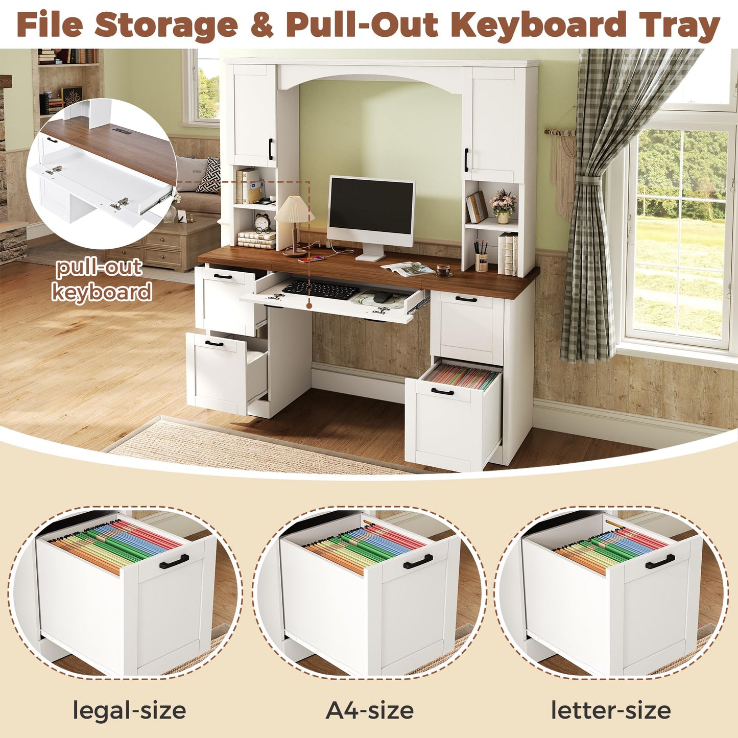 Merax Farmhouse Arched 67" Computer Desk with Power Outlets & Keyboard Tray, Wood Executive Home Office Desk with Hutch, Writing Desk with Storage Drawers for Working Study, White