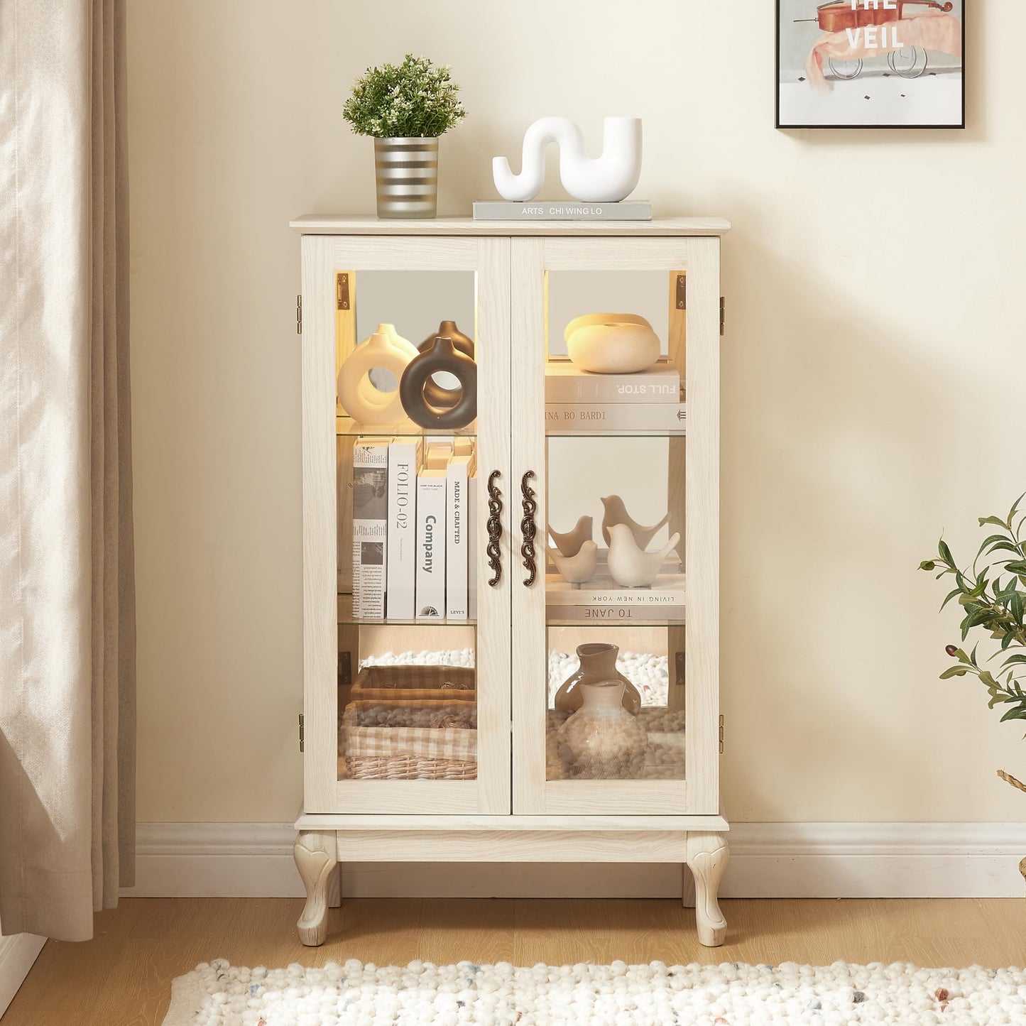 KEIKI 44" Glass Display Cabinet with Mirrored Back Panel & Adjustable Shelves, for Collectibles, Storage Curio Cabinet with 2 Door, 3-Tier Showcase Display Case, Easy Assembly, for Living Room, White