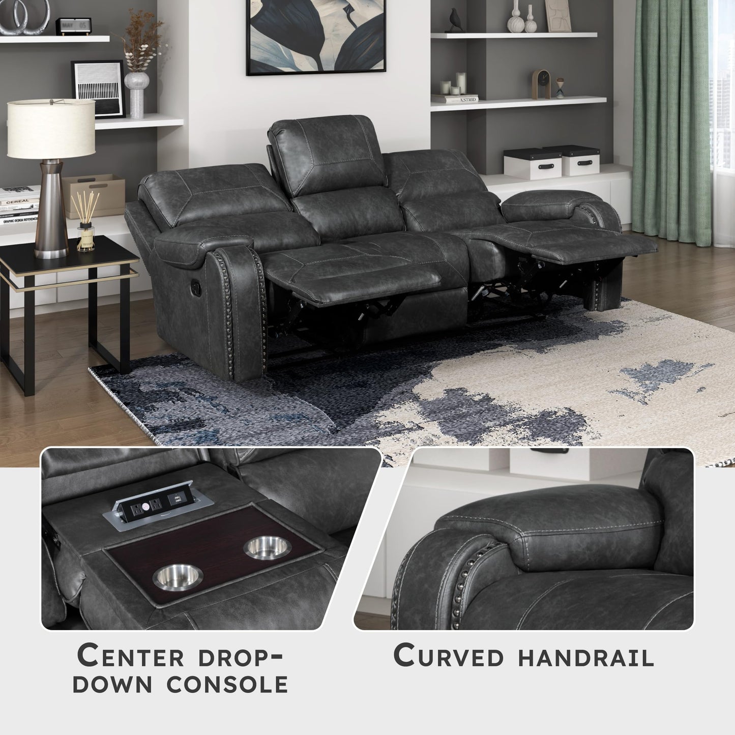Lexicon Modern Double Recliner Sofa, Faux Leather Reclining Sofa with Nailhead, Center Drop-Down Cup Holders, Receptacles, USB Ports, Manual Recliner Couch Sofa for Living Room/Office/Apartment, Grey