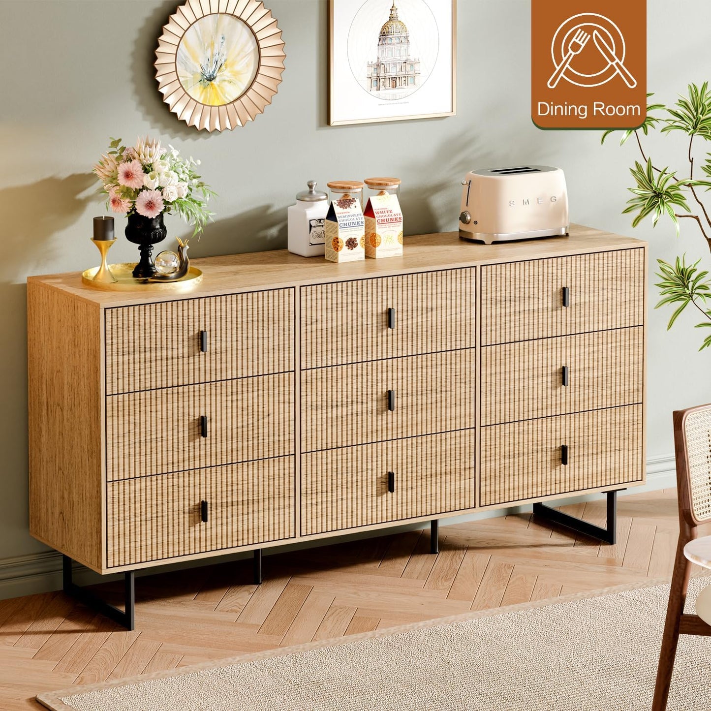 Chrangmay Modern Chest of Drawers with 9 Drawers,Deep Drawers,Clothes Organizer,Large Storage Cabinet for Living Room, Bedroom,Hallway,with Anti-Tipping Device, Oak