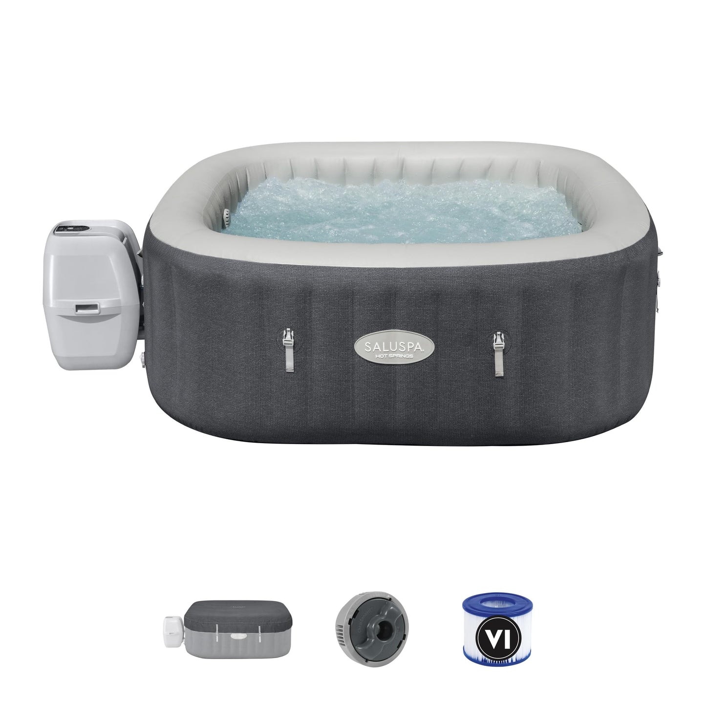 Bestway SaluSpa Hot Springs Inflatable Hot Tub, 4-6 Adults, 140 AirJets, EnergySense Walls & Cover, Smart WiFi App & Spa Control Panel, MaxHold Construction, Stone Grey Knit, 71" x 71" x 28" Square