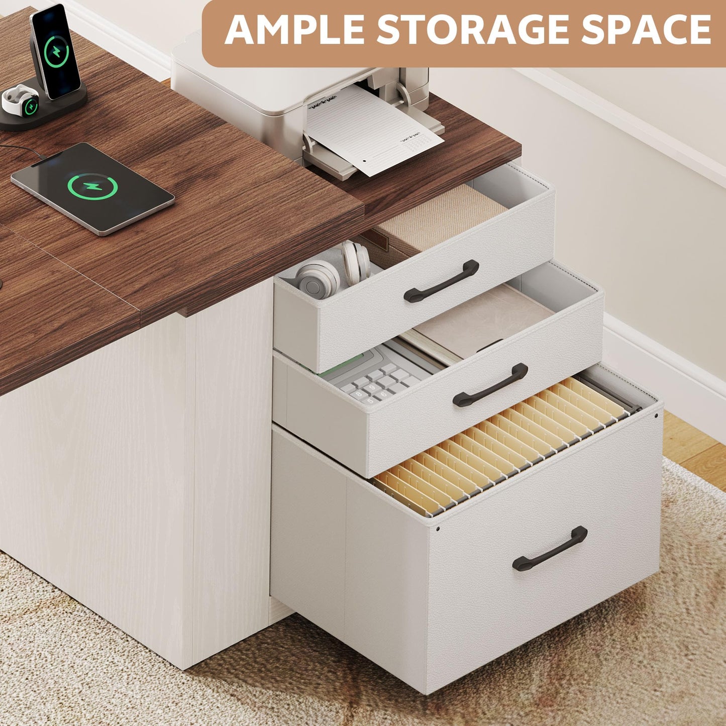 Homiflex 75.5 Inches Electric Standing Desk with Drawers Farmhouse Sit Stand Desk with Storage Adjustable Height Computer Desk with Power Outlets Printer Space for Home Office White and Walnut