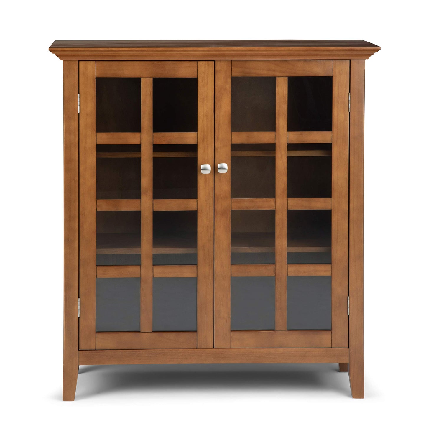 SIMPLIHOME Acadian Storage Cabinet - 39 inch Wide Solid Wood 4-Shelf Display Cabinet in Light Golden Brown, Transitional Cupboard for Living Room or Dining Room with Glass Doors and Adjustable Shelves