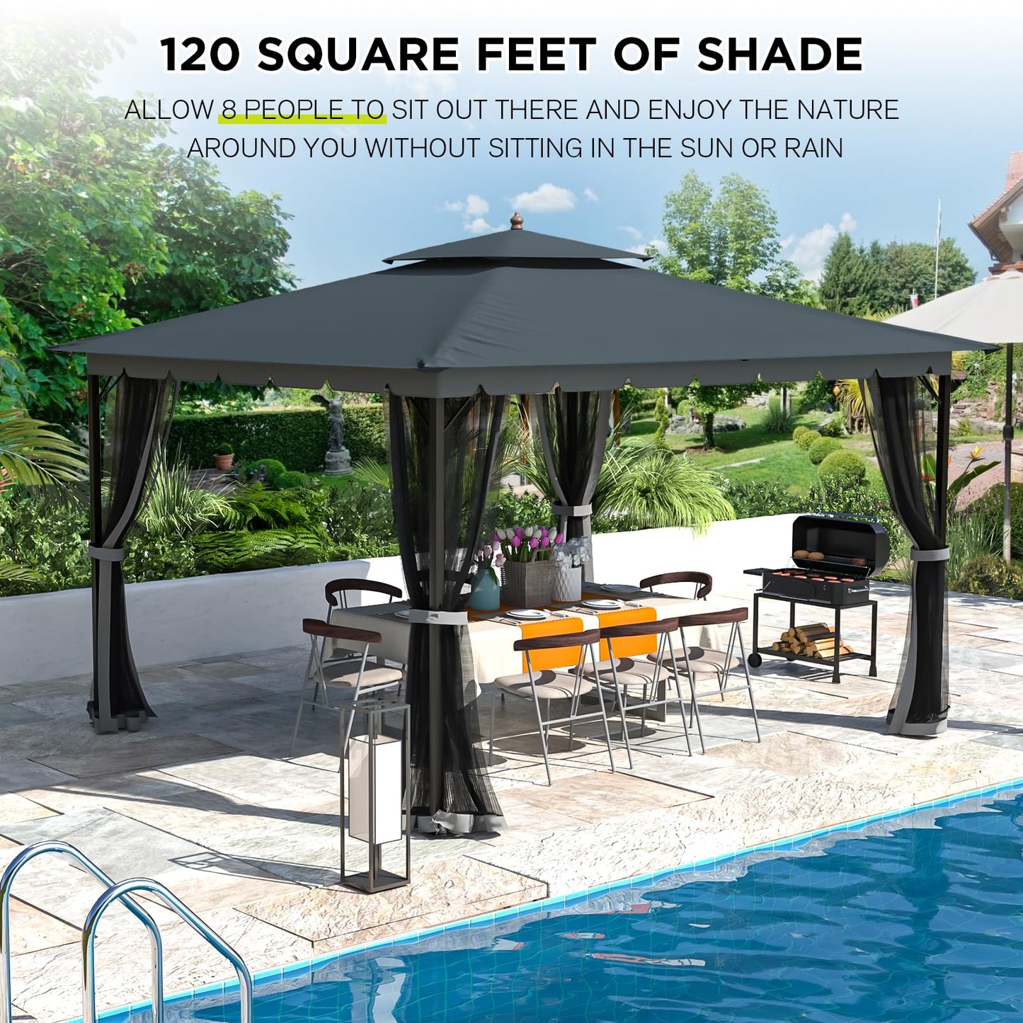 Bezseller 10x12 Outdoor Patio Gazebo with Powder-Coated Metal Frame - Stable Double-Tier Canopy with Zip Mesh Sidewalls for Backyard Dining & Entertaining, Grey