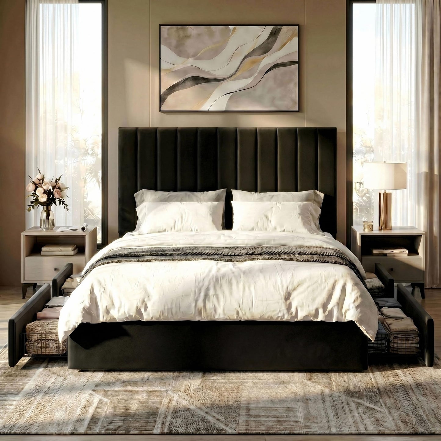 SHA CERLIN Queen Size Platform Bed Frame with 4 Storage Drawers, Vertical Channel Tufted Adjustable Headboard, Velvet Upholstered, Wooden Slats Support, No Box Spring Needed, Easy Assembly, Black