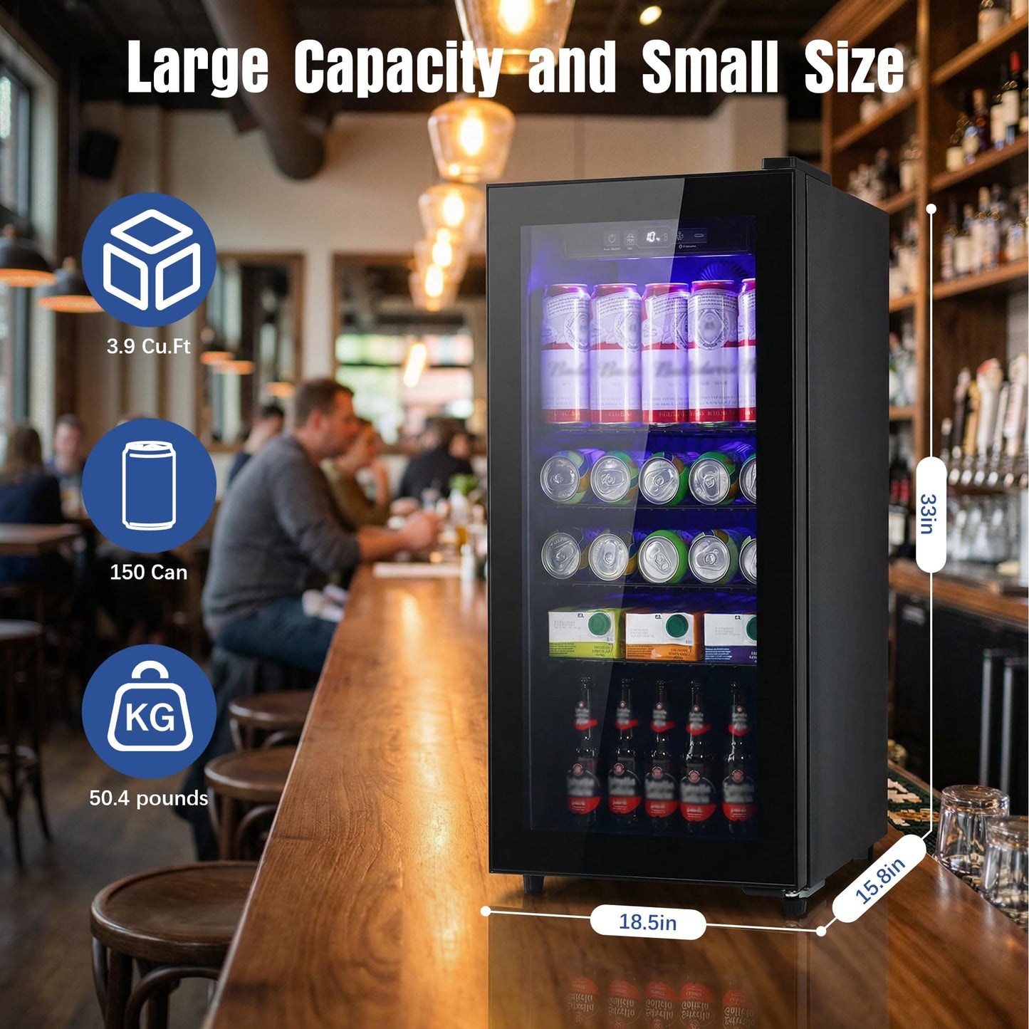 Borcolo Beverage Refrigerator Mini Fridge Beverage Cooler 3.9 Cu. Ft. Drink Fridge Glass Door for Soda, Beer, Wine with LED Light, 150 Slim Can, Temperature Control Compact Mini Bar for Office, Home