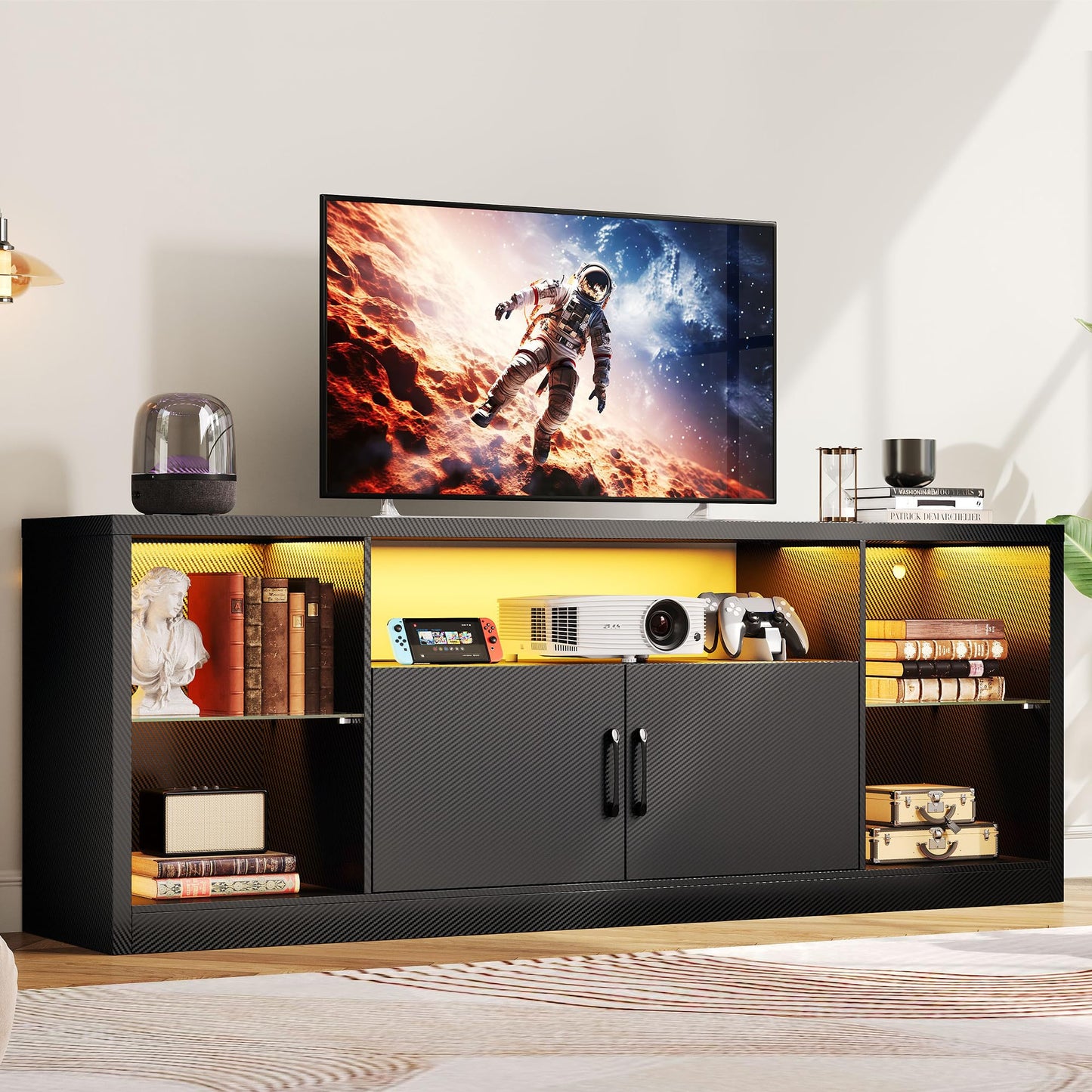 IRONCK TV Stand for TVs 80 inch with Power Outlet and LED Lights, Carbon Fiber Entertainment Center with Storage Cabinets, Adjustable Glass Shelves, Modern TV Stands for Living Room, Black