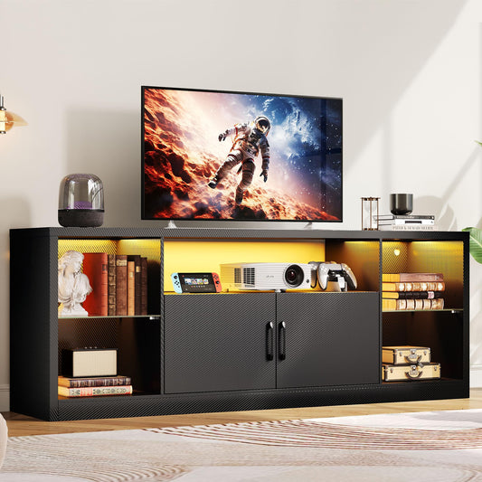 IRONCK TV Stand for TVs 80 inch with Power Outlet and LED Lights, Carbon Fiber Entertainment Center with Storage Cabinets, Adjustable Glass Shelves, Modern TV Stands for Living Room, Black
