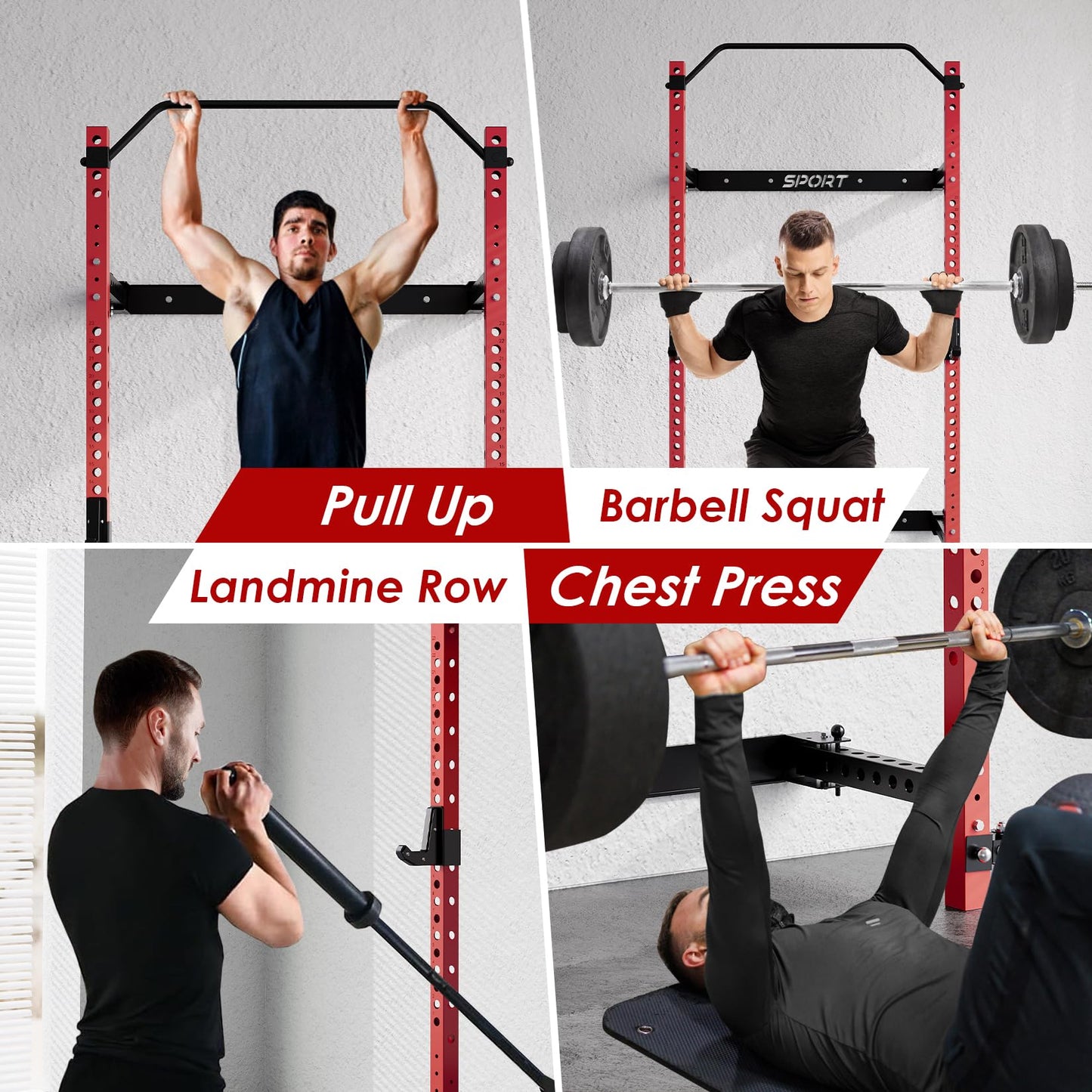 Garvee Folding Squat Rack for Home Gym, 2.36 in x 2.36 in Wall Mounted Foldable Squat Rack with Pull Up Bar, J Hooks and Landmine Attachments, 1000 LBS Capacity Space Saving Weight Power Cage