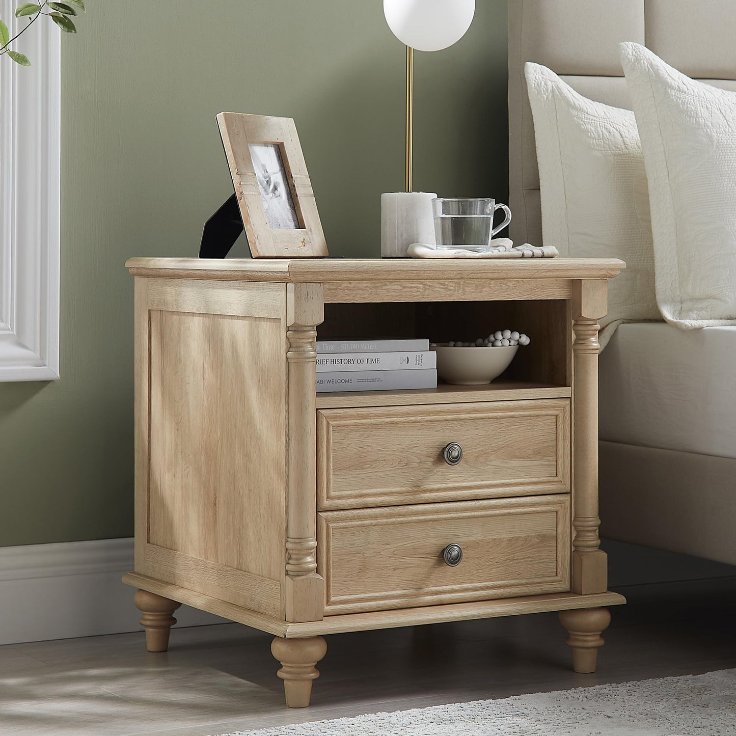 T4TREAM 24'' Farmhouse End Table w/4 Solid Wood Feet, Large 2 Drawers Wide Sofa Side Table with Charging Station, Tall Modern Wood Square Nightstand for Living Room, Bedroom, Office, Natural Oak