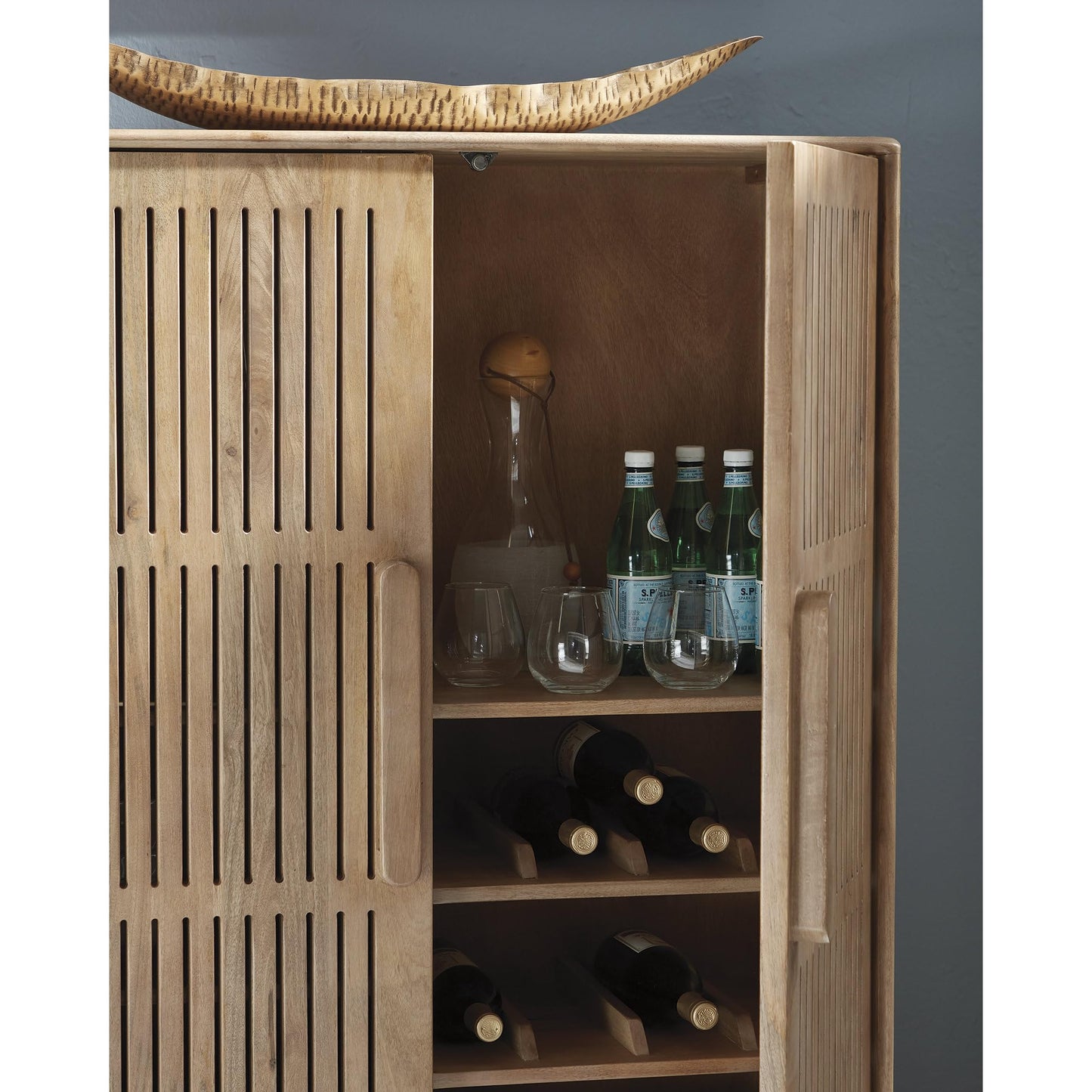 Signature Design by Ashley Pellamour Casual Bar Cabinet with Anti-Tipping and Adjustable Shelf, Light Brown